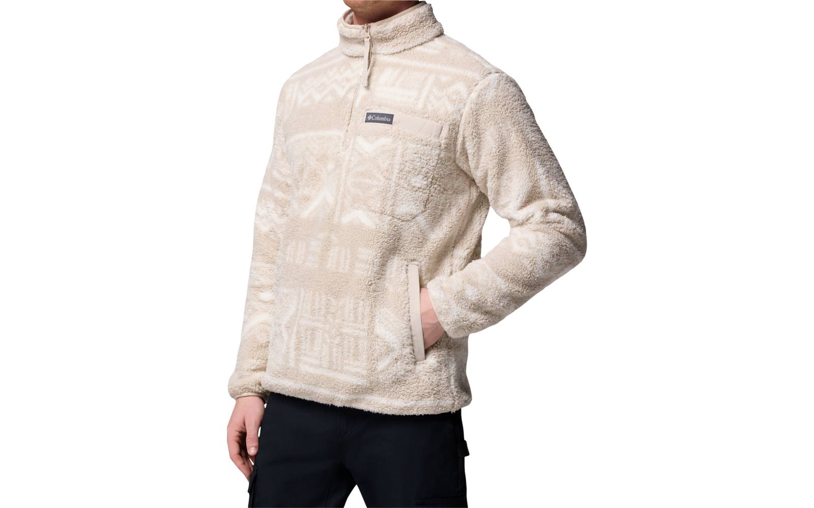 Person mit beige-farbenem Fleecejacke mit Reißverschluss und Stehkragen