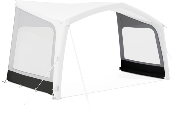 Weißes Zelt mit schwarzen Seitenwänden und geöffnetem Eingang