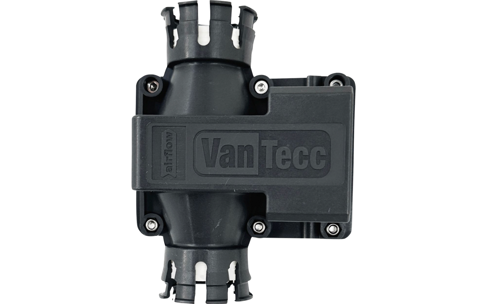 Boîtier en plastique noir embossé du texte Van Tecc, raccords cylindriques en haut et en bas avec extrémités fendues, couvercle rectangulaire avec vis visibles sur fond clair