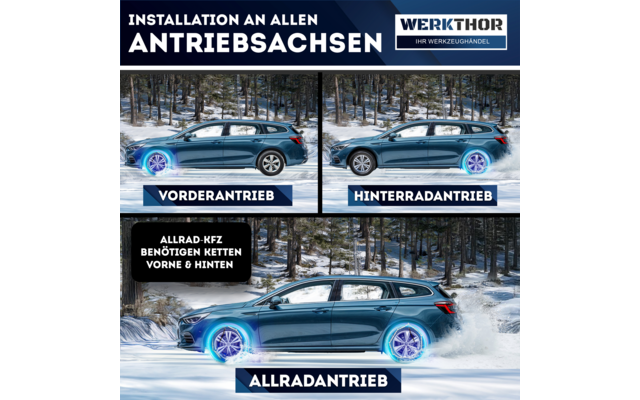 Drei Fotos eines blauen Kombiwagens auf einer verschneiten Waldstraße; blaue Leuchteffekte an den Rädern. Oben der Text 'INSTALLATION AN ALLEN ANTRIEBSACHSEN' und das Logo 'WERKTHOR IHR WERKZEUGHANDEL'. Oberes links 'VORDERANTRIEB', oberes rechts 'HI