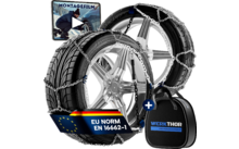 Two car tires with metal chains, silver rims, blue EU label 'EU NORM EN 16662-1', black carrying case 'WERKTHOR' and a video thumbnail 'MONTAGEFILM'