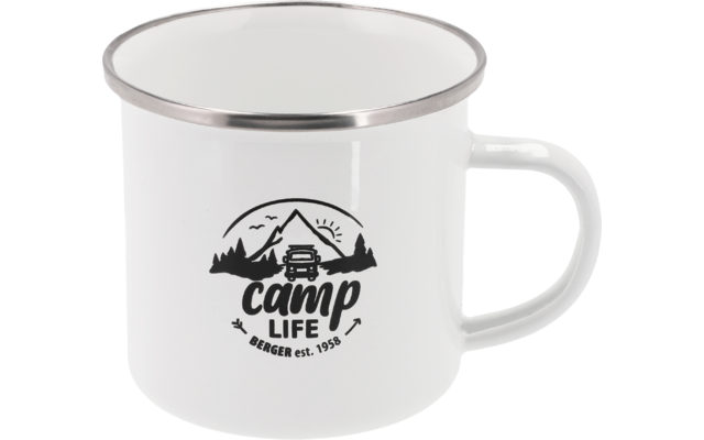 Tasse en émail blanche avec bord argenté et impression «camp life» avec motif montagne et maison