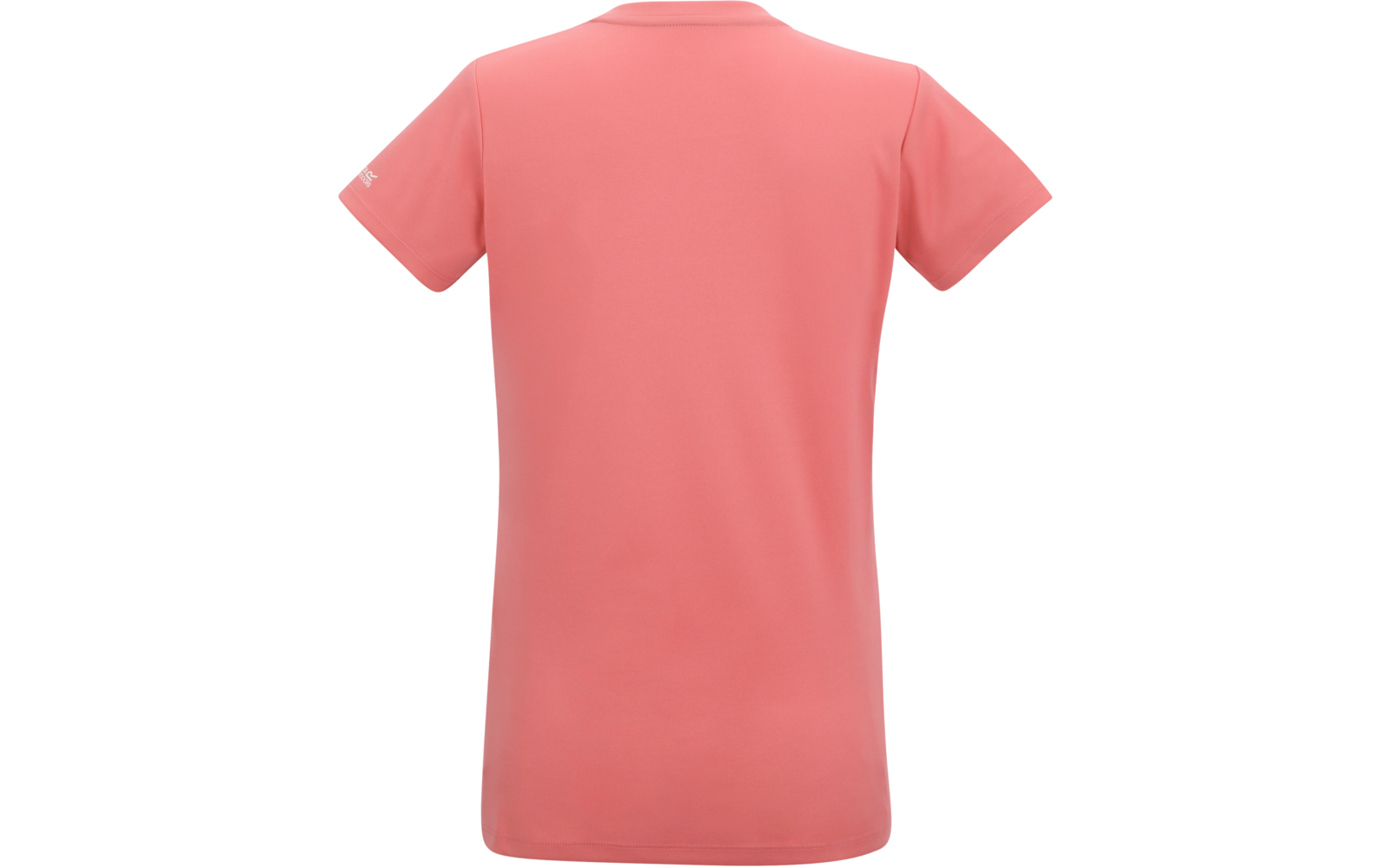 Vue arrière d'un t-shirt corail à manches courtes et encolure ronde, avec un petit logo blanc sur la manche gauche sur fond blanc