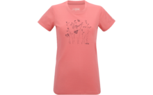 T-shirt corail-rose à manches courtes avec dessin au trait noir de fleurs, herbes et papillons sur la poitrine