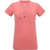 T-shirt corail-rose à manches courtes avec dessin au trait noir de fleurs, herbes et papillons sur la poitrine