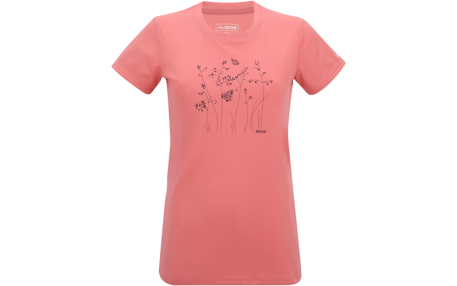 T-shirt corail-rose à manches courtes avec dessin au trait noir de fleurs, herbes et papillons sur la poitrine