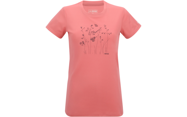 T-shirt corail-rose à manches courtes avec dessin au trait noir de fleurs, herbes et papillons sur la poitrine