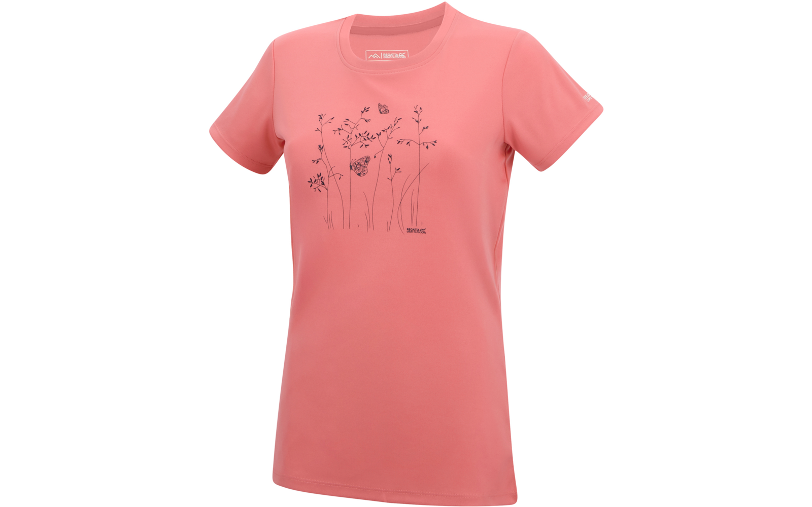 T-shirt rose à manches courtes et encolure ronde, dessin au trait noir de fleurs et papillons centré sur le devant, petit logo en bas à droite