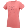 T-shirt rose à manches courtes et encolure ronde, dessin au trait noir de fleurs et papillons centré sur le devant, petit logo en bas à droite