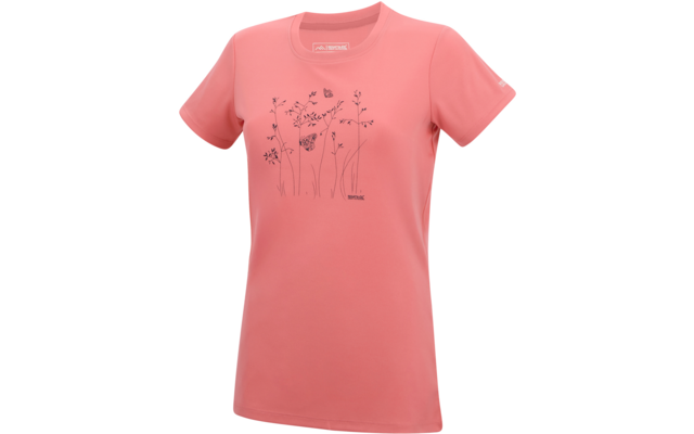 T-shirt rose à manches courtes et encolure ronde, dessin au trait noir de fleurs et papillons centré sur le devant, petit logo en bas à droite