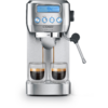 Edelstahl-Espressomaschine mit blau beleuchtetem Display, vier runden Tasten und Dampflanze; zwei Espressoströme laufen in zwei gläserne Tassen auf dem Abtropfblech
