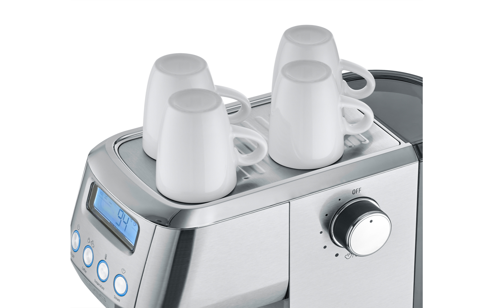 Edelstahl-Kaffeemaschine mit vier umgedrehten weißen Tassen auf der Oberseite, Drehknopf und digitalem Display