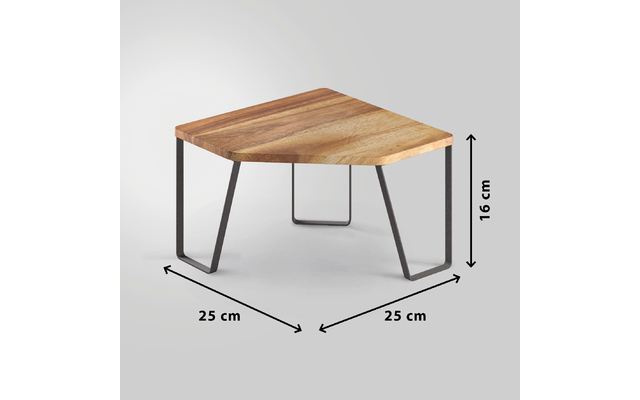 Dreieckiges Holzplateau mit drei dunklen Metallbeinen, Pfeile und Maßangaben: zwei Seiten '25 cm' und Höhe '16 cm' auf hellem grauem Hintergrund
