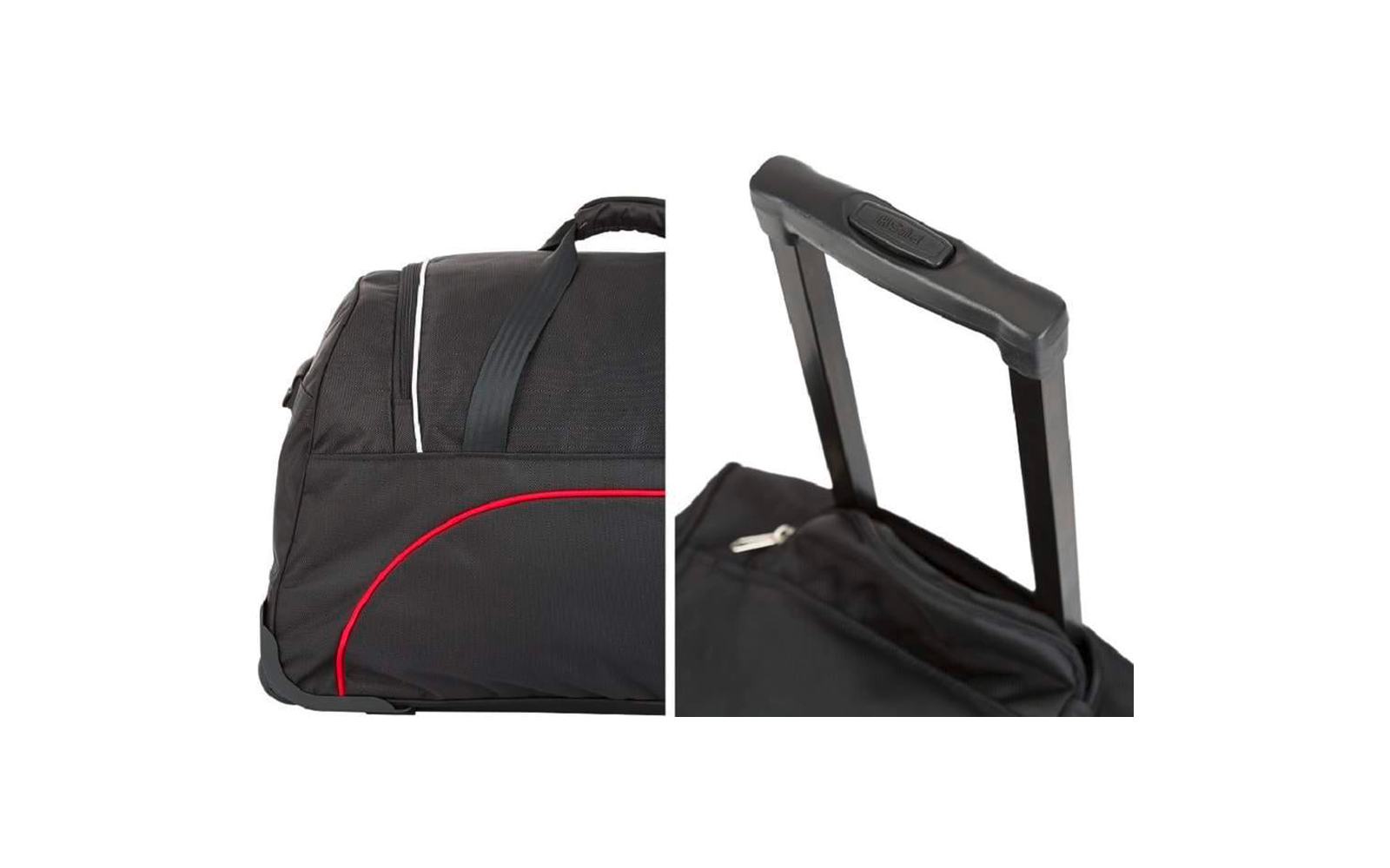 Schwarze Reisetasche mit roter Ziernaht, Tragegriff, Metallreißverschluss und ausgezogenem Teleskopgriff