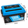 Boîtier en plastique noir avec couvercle bleu, étiquette "12.8V 200Ah PRO", logo Berger, protection transparente à gauche, flèches de mesure indiquant "30 cm" et "12 cm"