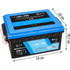 Zwarte kunststof doos met blauwe deksel, etiket "12.8V 200Ah PRO", Berger-logo, transparante afdekking links, maatpijlen met aanduiding "30 cm" en "12 cm"