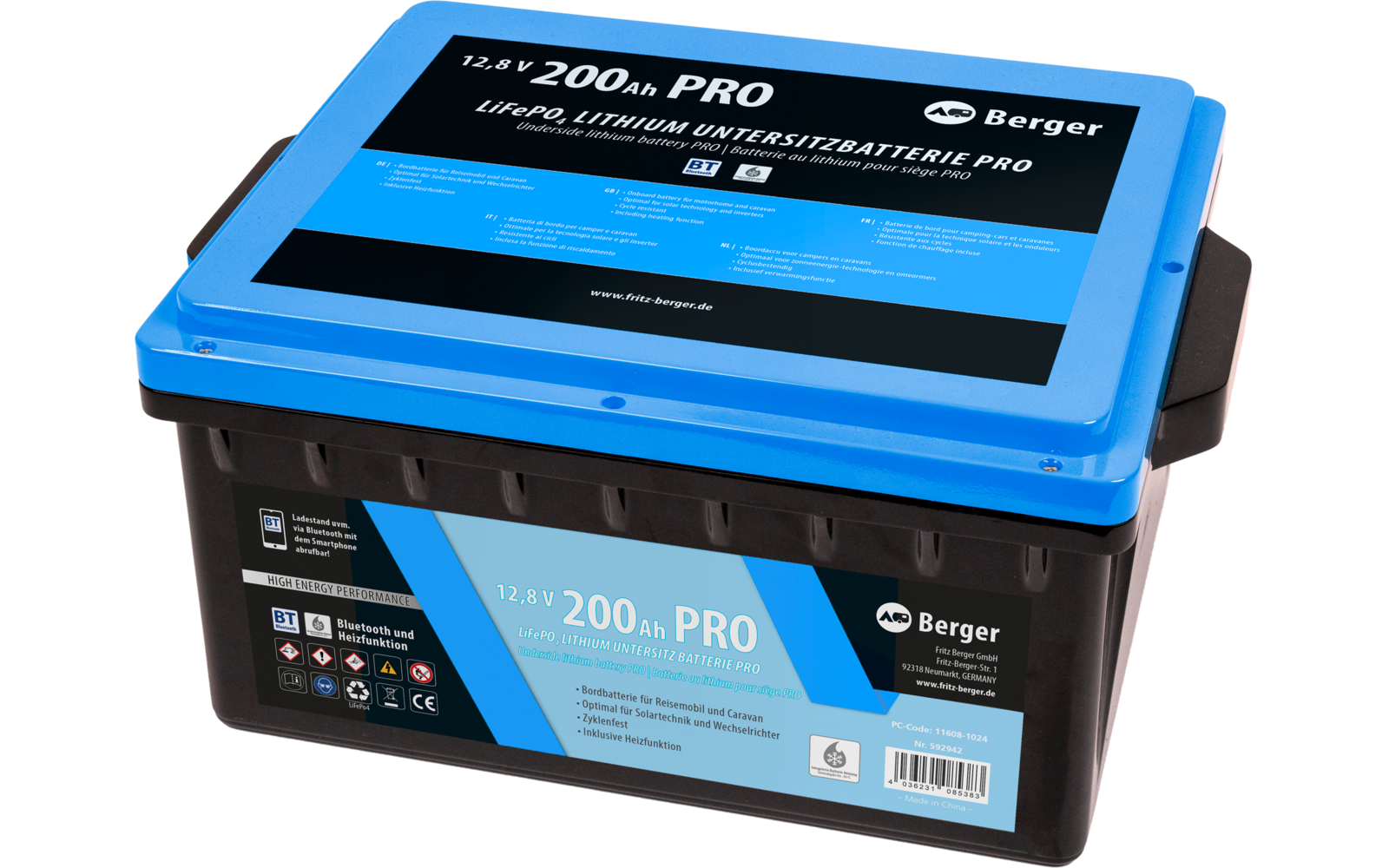 Kunststofdoos met blauwe deksel en etiketten, gelabeld Kat 200 PRO door Berger