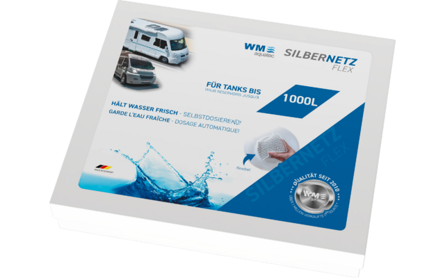 Eine Verpackung mit einem weißen elektrischen Gerät, wasserblauen grafischen Elementen und Text