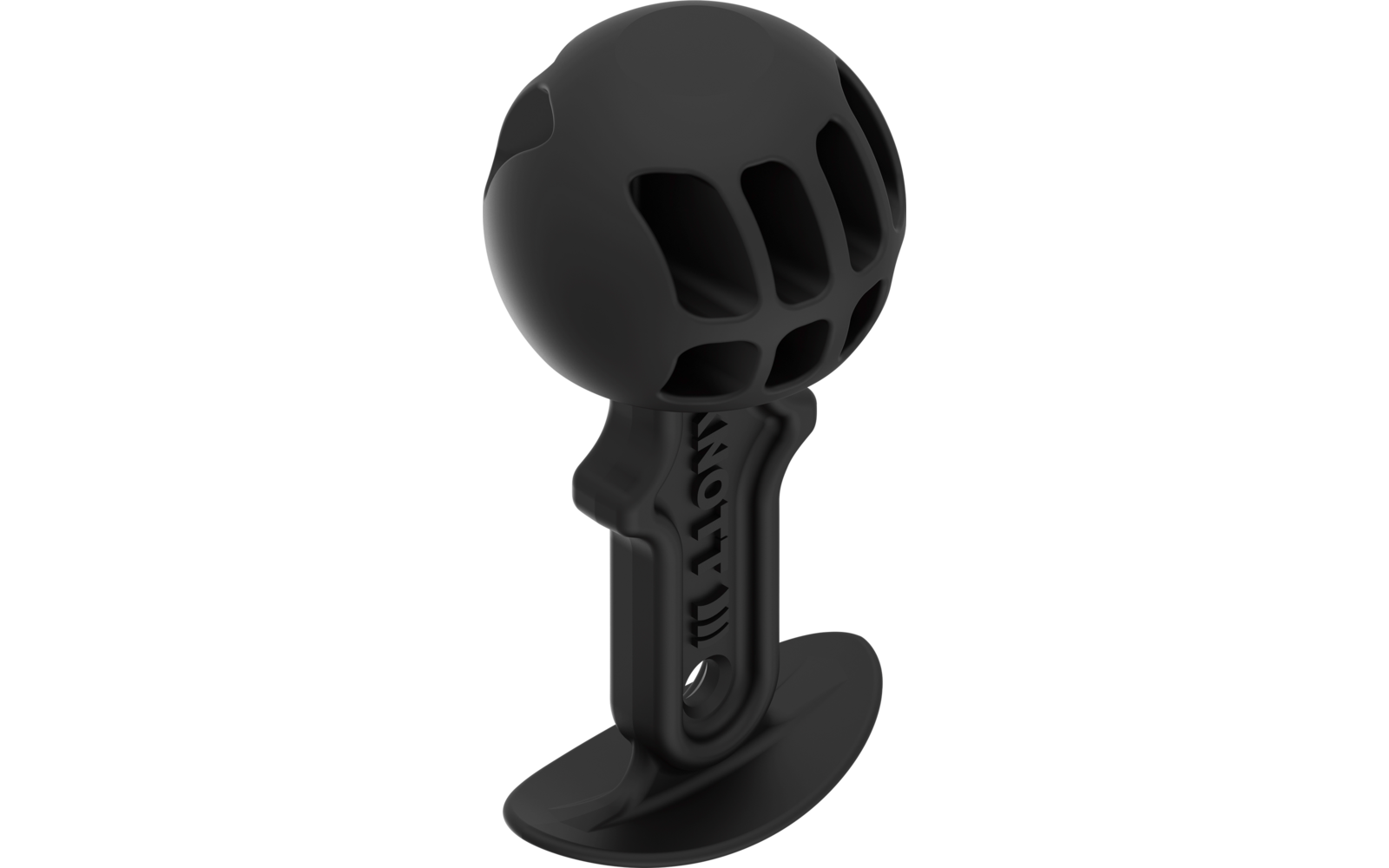 Zwart mat voorwerp met ronde kop, drie verticale ovale openingen, smalle schacht met geperst opschrift en brede platte basis