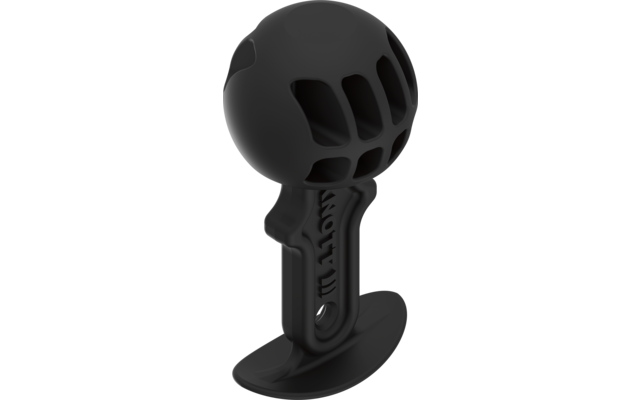 Schwarzes mattes Objekt mit rundem Kopf, drei vertikalen ovalen Öffnungen, schmalem Schaft mit geprägtem Schriftzug und breiter flacher Basis