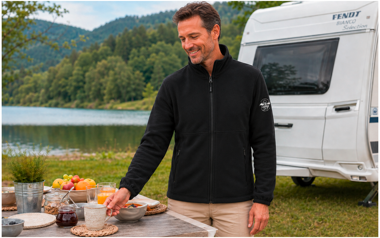 Man in een zwarte jas en beige broek staat bij een houten tafel met ontbijt; caravan, meer en beboste heuvels op de achtergrond