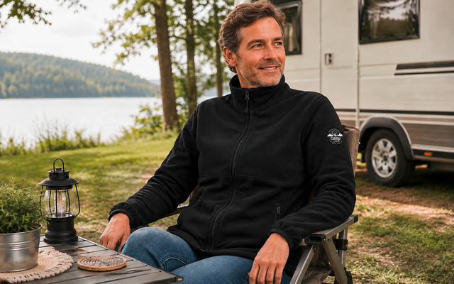 Een man zit in een campingstoel aan een tafel; op de tafel een lantaarn, op de achtergrond een camper en een meer