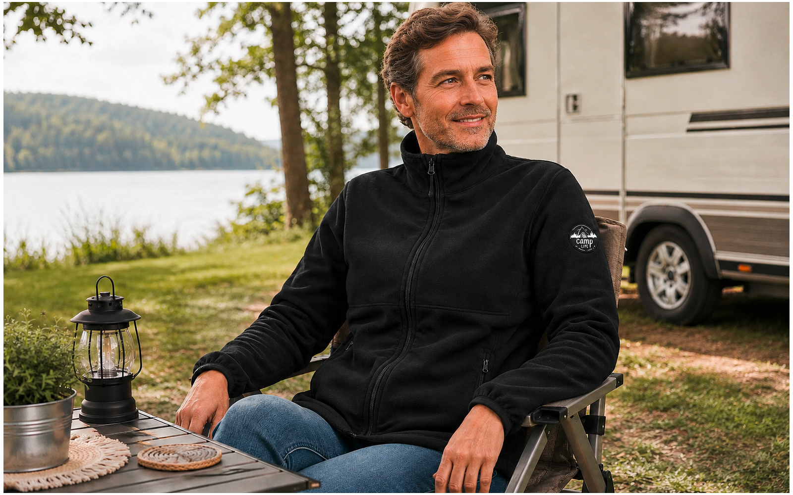 Een man zit in een campingstoel aan een tafel; op de tafel een lantaarn, op de achtergrond een camper en een meer