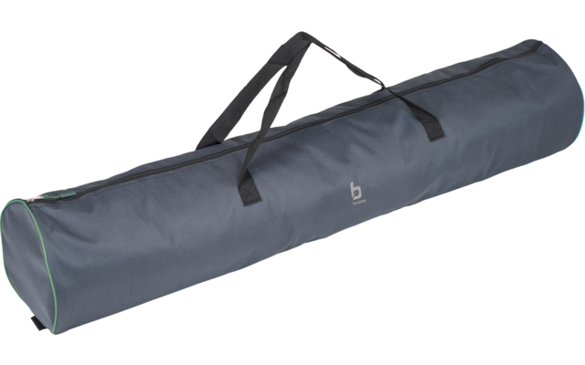 Sac cylindrique long en tissu gris foncé avec fermeture éclair, deux poignées courtes, petit logo blanc sur le côté et liseré vert à une extrémité