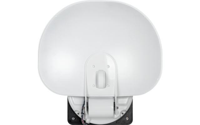 Weiße ovale Scheibe mit zentraler Montagehalterung, sichtbaren Kabeln und schwarzer Befestigungsplatte auf weißem Hintergrund