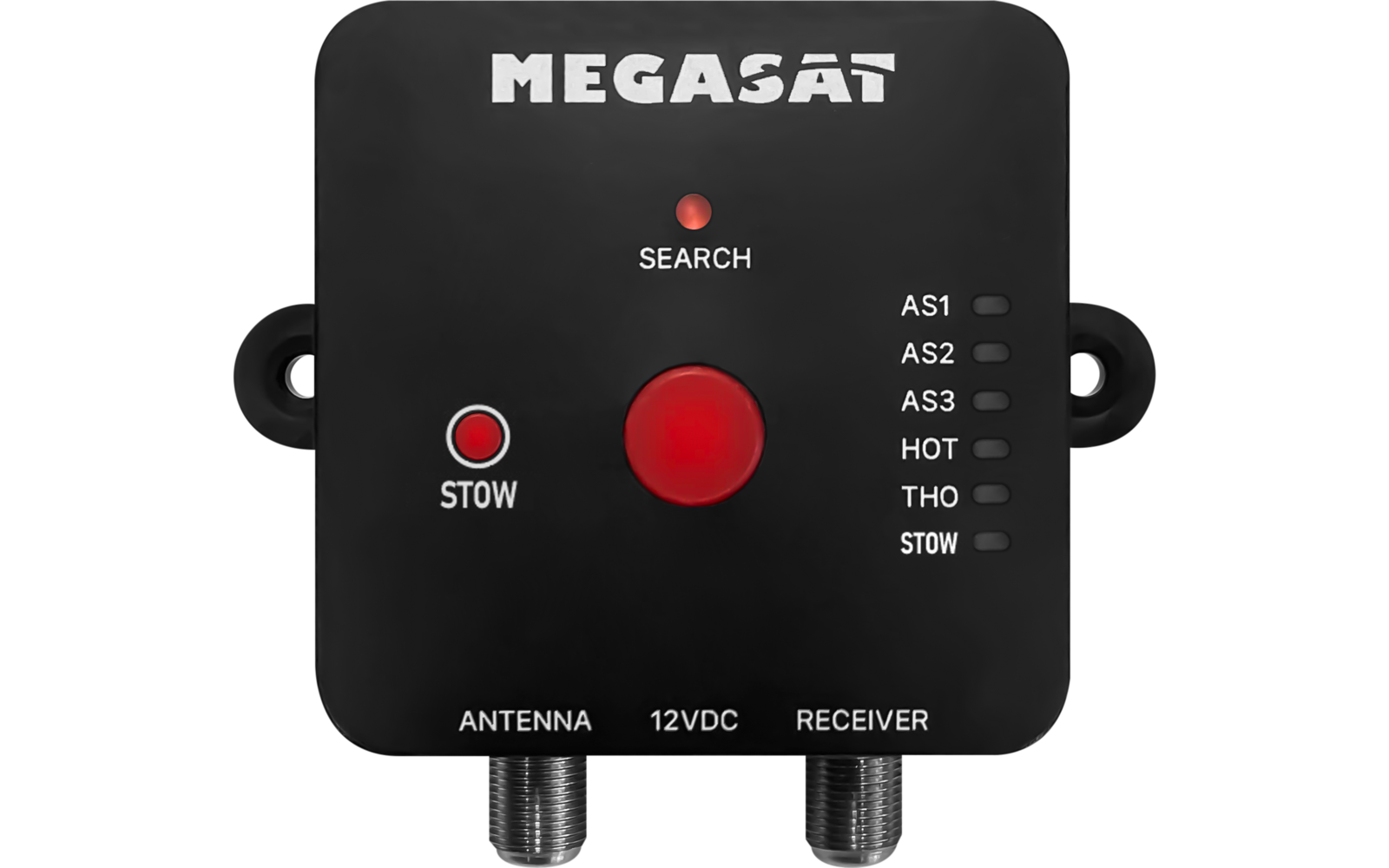 Schwarzes, quadratisches Gerät mit abgerundeten Ecken. Schriftzug "MEGASAT" oben. Rote Leuchte mit Beschriftung "SEARCH" über großer roter Taste in der Mitte. Kleine rote Taste links mit Beschriftung "STOW". Rechts vertikale Beschriftungen "AS1","AS2