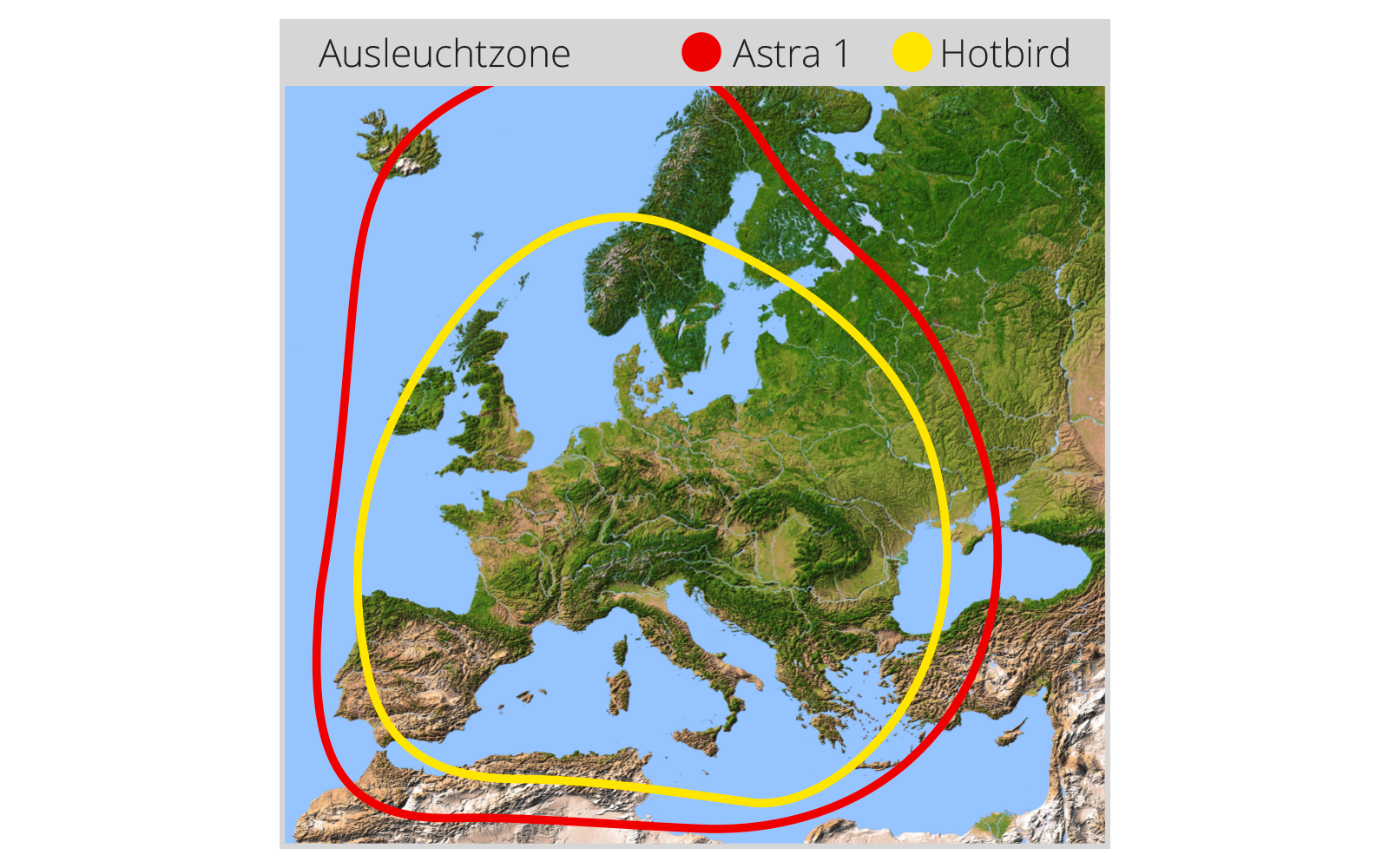 Kartenausschnitt Europas mit Relief, zwei geschwungene Linien in Rot und Gelb und eine graue Legende oben mit 'Ausleuchtzone', rotem Punkt 'Astra 1' und gelbem Punkt 'Hotbird'
