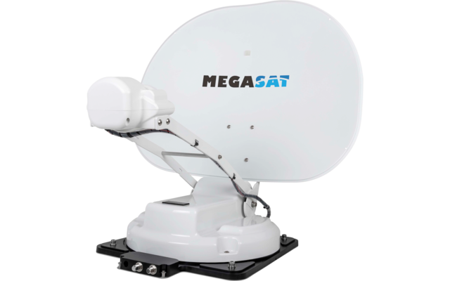 Weiße Satellitenschüssel mit 'MEGASAT'-Logo, montiert auf einer weißen Basisplatte mit sichtbaren Kabeln und Anschlüssen