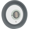 Grijze ronde rand met witte binnenkant, centraal kleine grijze ring met twee lichtgroene segmenten, beige ovaal, kleine metalen schroef onderaan