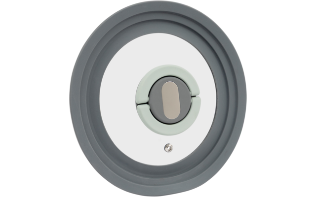 Grijze ronde rand met witte binnenkant, centraal kleine grijze ring met twee lichtgroene segmenten, beige ovaal, kleine metalen schroef onderaan