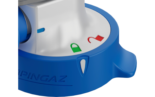 weißer Kunststoffanschluss mit blauen Elementen und grüner und roter Markierung