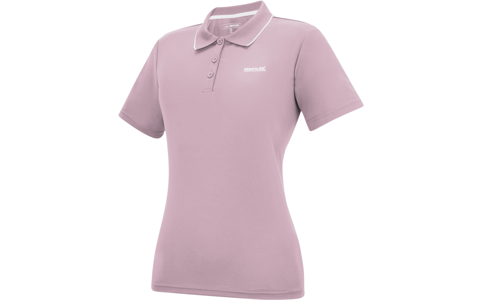 tailliertes, kurzärmeliges Poloshirt in hellem Rosa mit Kragen und drei Knöpfen, weiße Paspel am Kragen, kleines weißes Logo auf der linken Brust