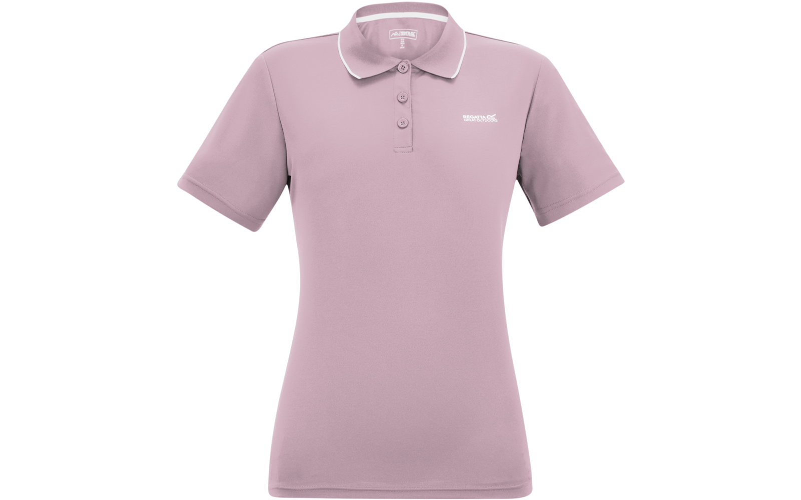 Hellrosa Poloshirt mit kurzen Ärmeln, Knopfleiste mit drei Knöpfen, weißer Paspel am Kragen, kleines weißes Logo auf der linken Brust