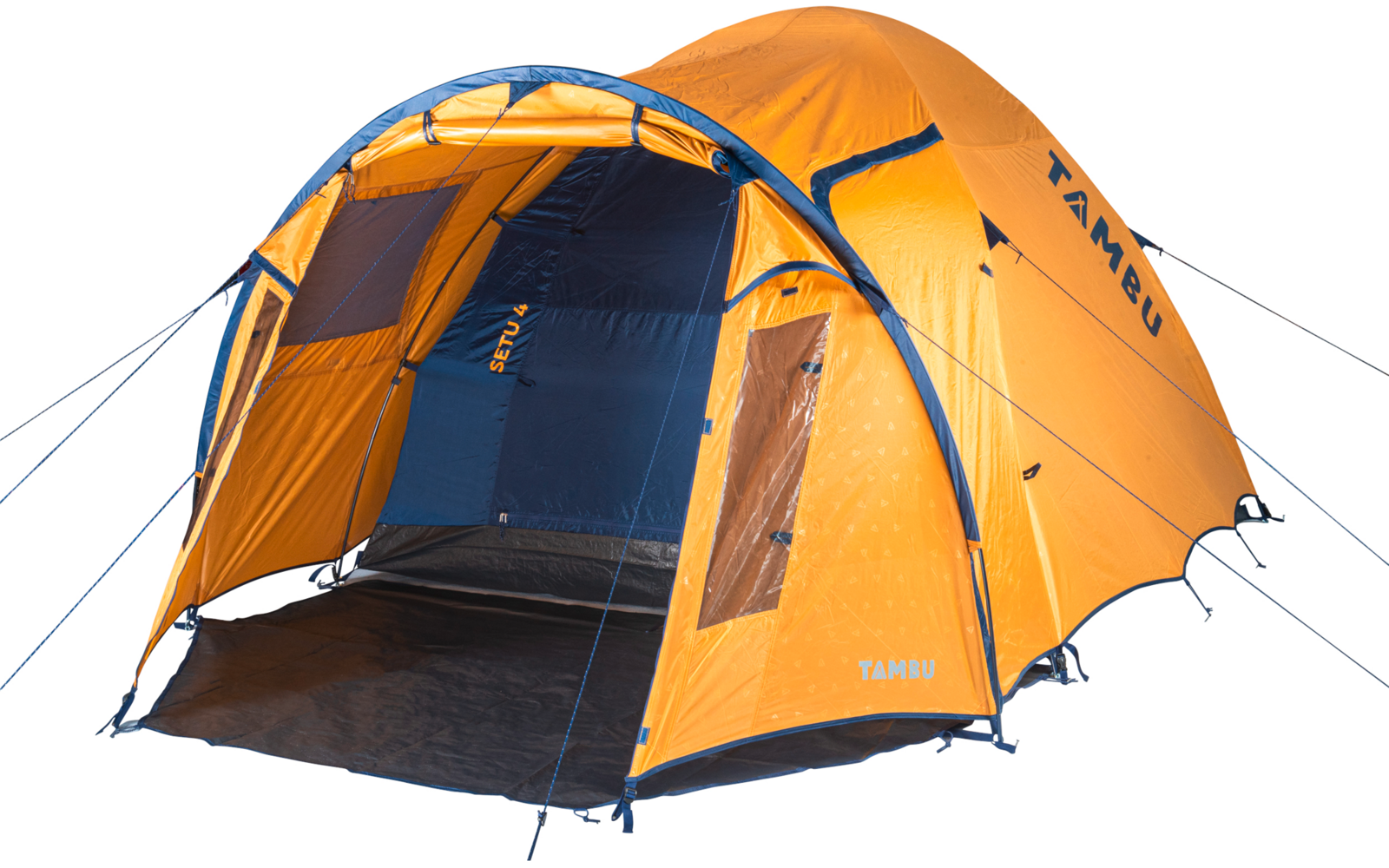 Offenes orange-blaues Campingzelt mit Vordach, sichtbarem Gestänge, Zeltboden und Abspannleinen