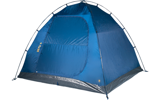 Blaues kuppelzelt mit geschlossenem Reißverschluss-Eingang, grauer Bodenrand, sichtbare gebogene Zeltstangen, kleines gelbes Logo an der Unterkante, weißer Hintergrund