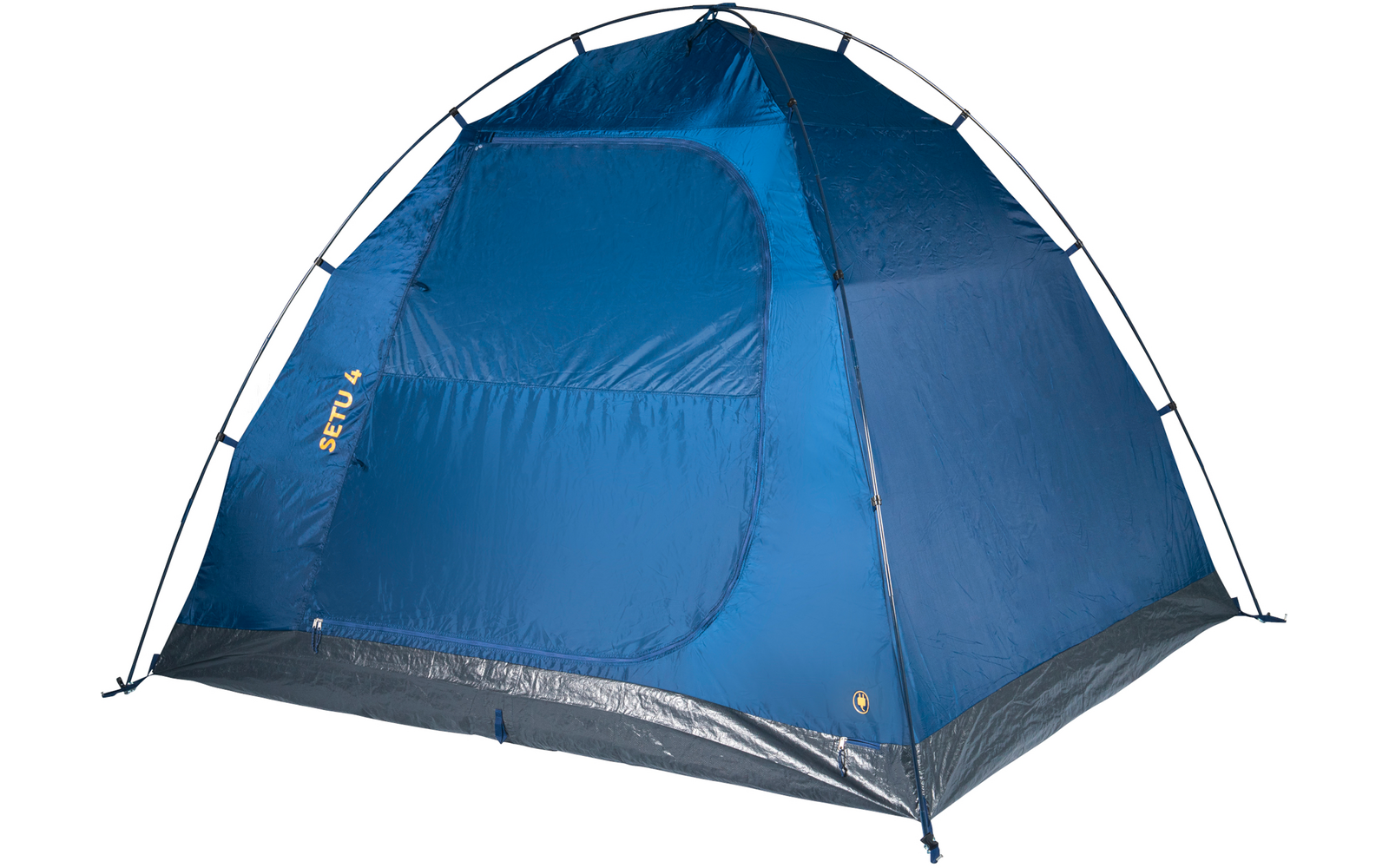Blaues kuppelzelt mit geschlossenem Reißverschluss-Eingang, grauer Bodenrand, sichtbare gebogene Zeltstangen, kleines gelbes Logo an der Unterkante, weißer Hintergrund
