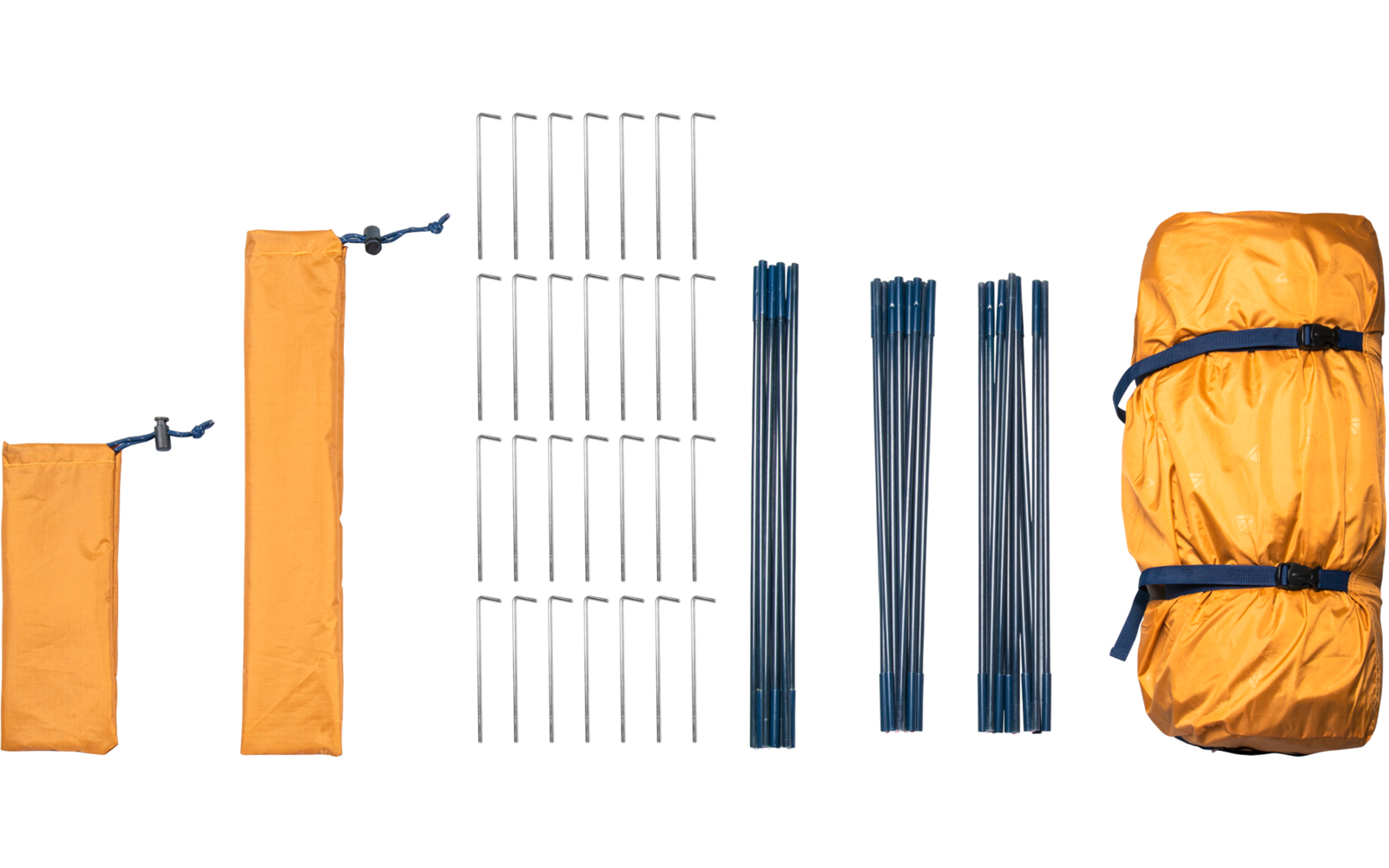 Zwei orangefarbene Stoffsäcke mit Kordel, mehrere Metallheringe, vier Sets blauer Stangen und ein zusammengerolltes orangefarbenes Paket mit schwarzen Gurten