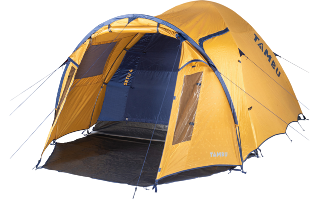 Open orange and blue camping tent with front awning, visible poles, interior floor and guy lines