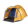 Open orange and blue camping tent with front awning, visible poles, interior floor and guy lines