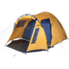 Orange camping tent with awning, open entrance, blue inner tent, and "TAMBU" logo on a white background