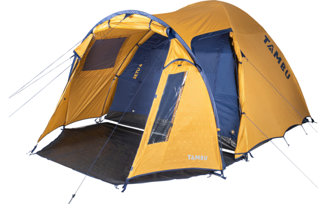 Orange camping tent with awning, open entrance, blue inner tent, and "TAMBU" logo on a white background