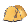 Orange camping tent with front vestibule, opened front entrance, side window, and visible guy lines