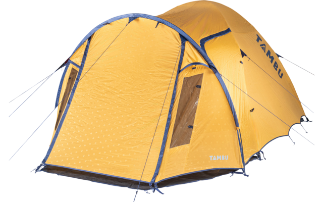 Orange camping tent with front vestibule, opened front entrance, side window, and visible guy lines