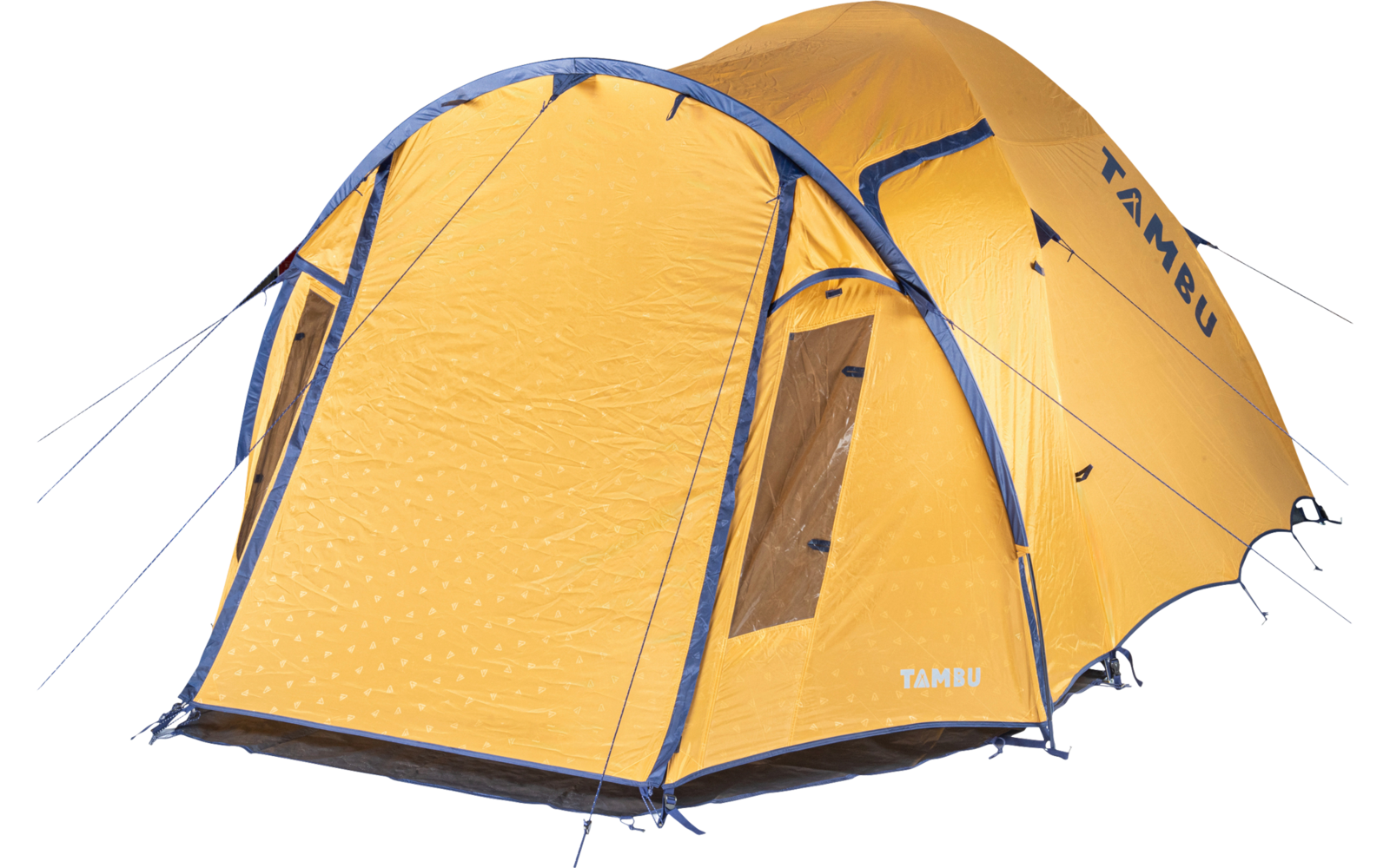 Orange camping tent with front vestibule, opened front entrance, side window, and visible guy lines