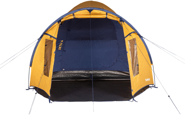 Orange and blue tent with open entrance, visible interior floor, two side windows and guy lines