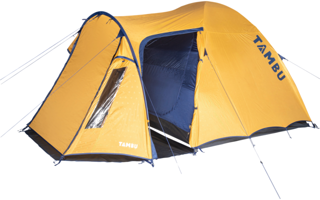 Orange dome tent with open entrance showing dark blue interior, transparent window, guy lines and "TAMBU" print on a white background